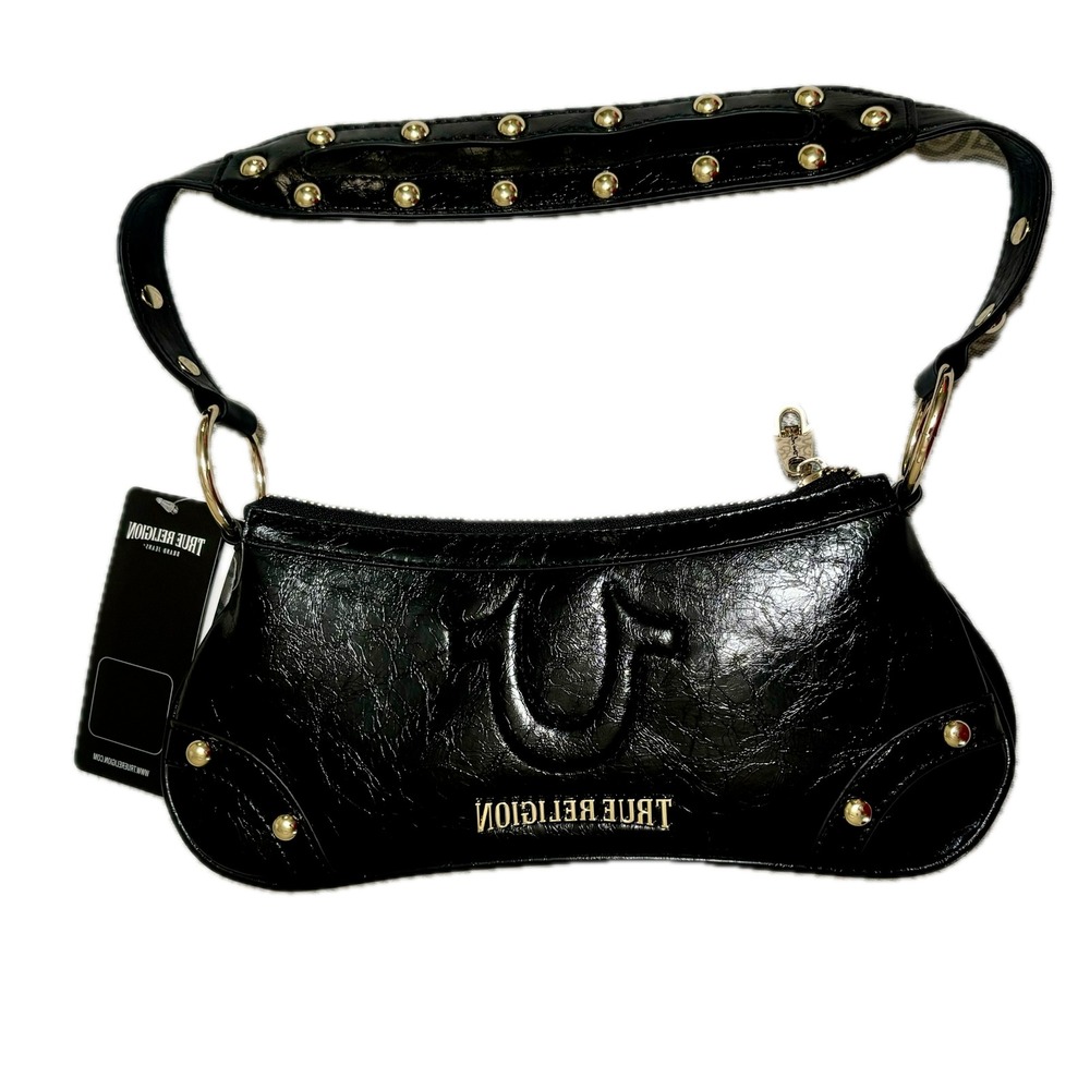 True Religion Black Studded Shoulder Bag Horseshoe Logo Faux Leather Purse NWT